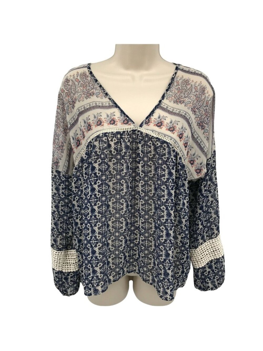 Maurices Boho Floral & Paisley Print Long Sleeve Blouse Crochet Trim Size S